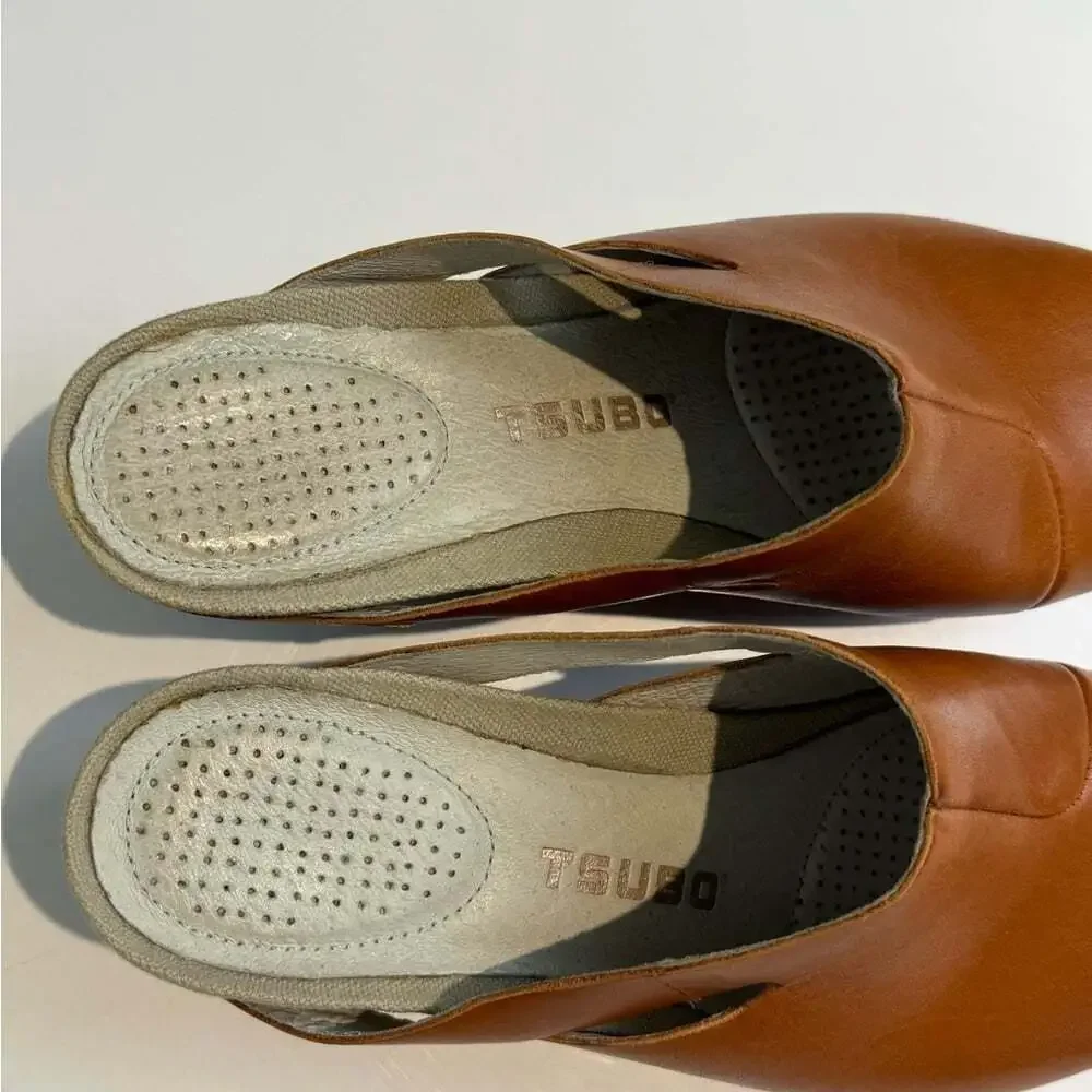 Tsubo Open Toe Brown Leather Wedge Sandals Slip On Slide Women’s Size: 6